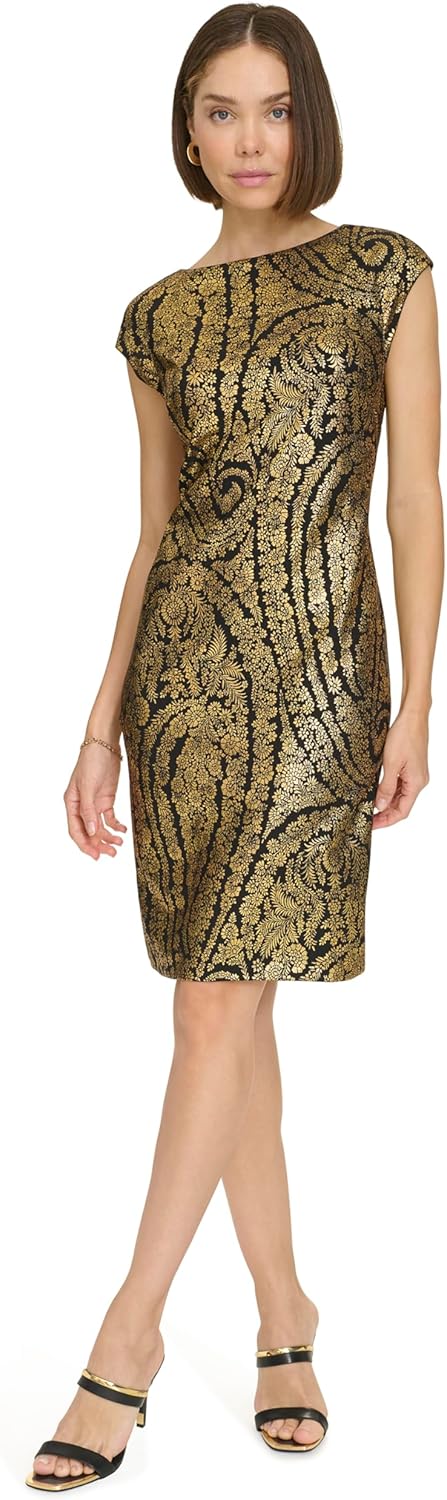 

Женское платье-футляр Tommy Hilfiger с рукавами-крылышками и вырезом лодочкой, эластичное, салонное, Black/Gold