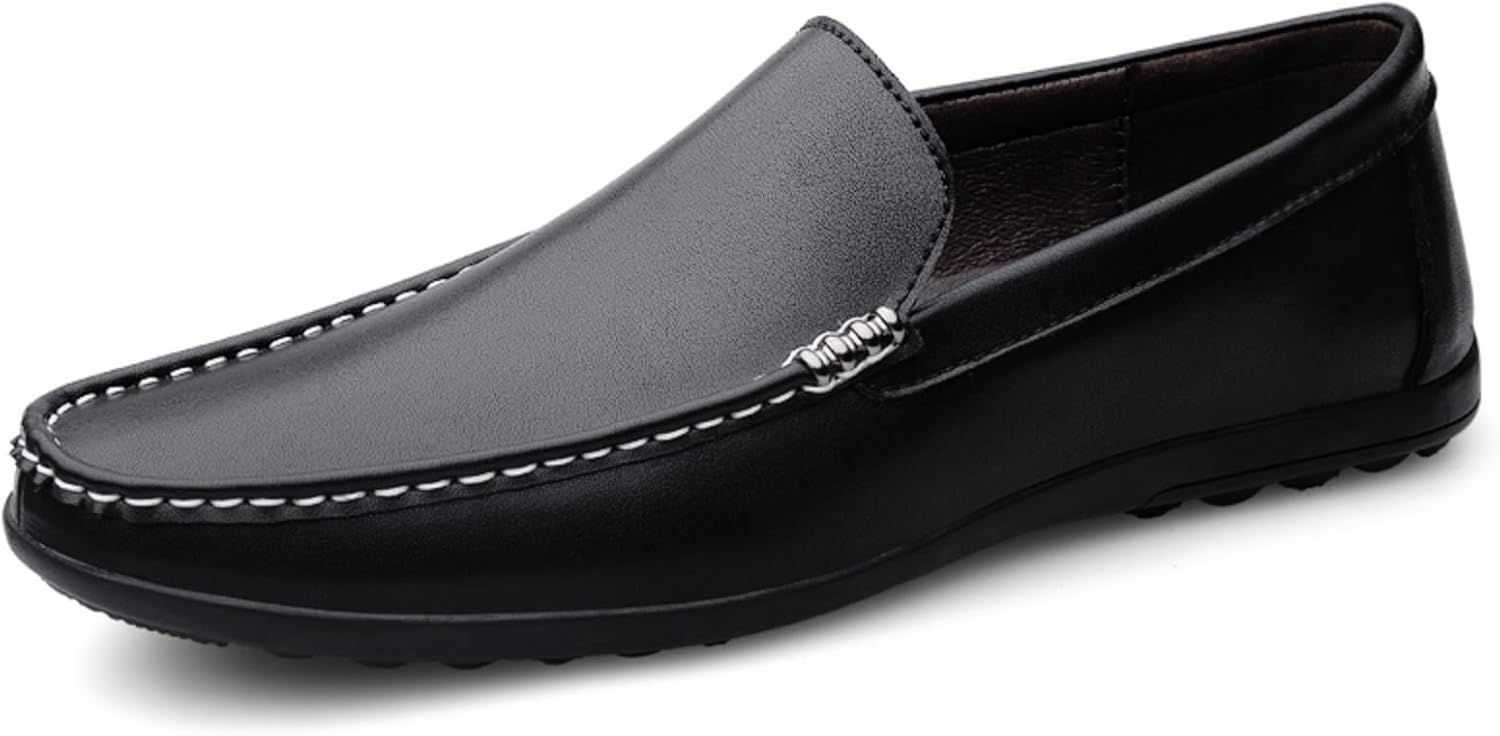 

Мужские кожаные мокасины-слипоны для вождения с металлической деталью, Удобные мягкие подошвы и дышащая подкладка, Повседневная и деловая-казуальная обувь (черный/серый) Kelibasi
