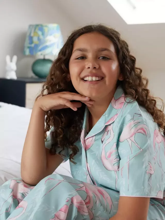 Детский пижамный комплект Francesca из хлопка и модала с принтом фламинго, мятного цвета Minijammies — фото 3