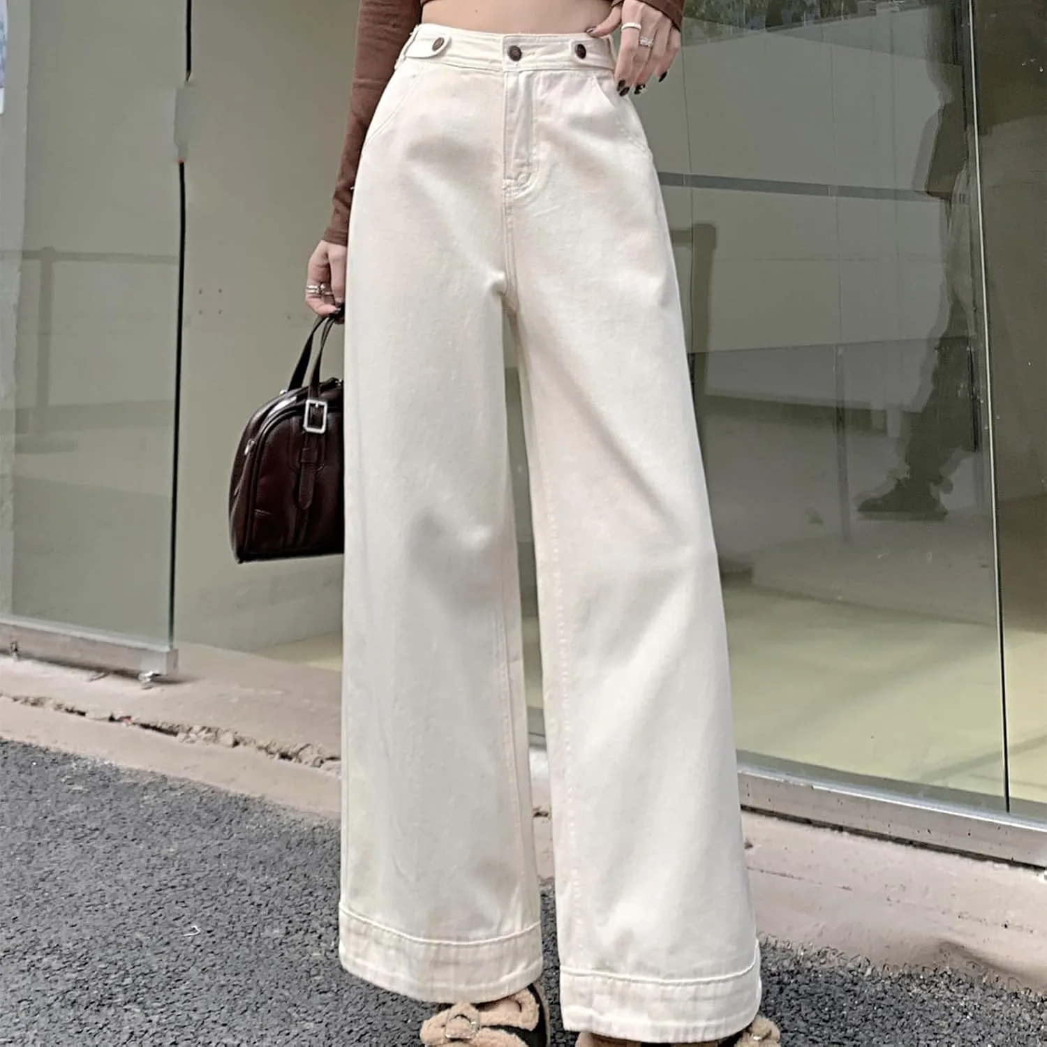 Женские джинсы Trendy Fall 2024 Retro White Wide Leg, свободный крой, высокая посадка — фото 2