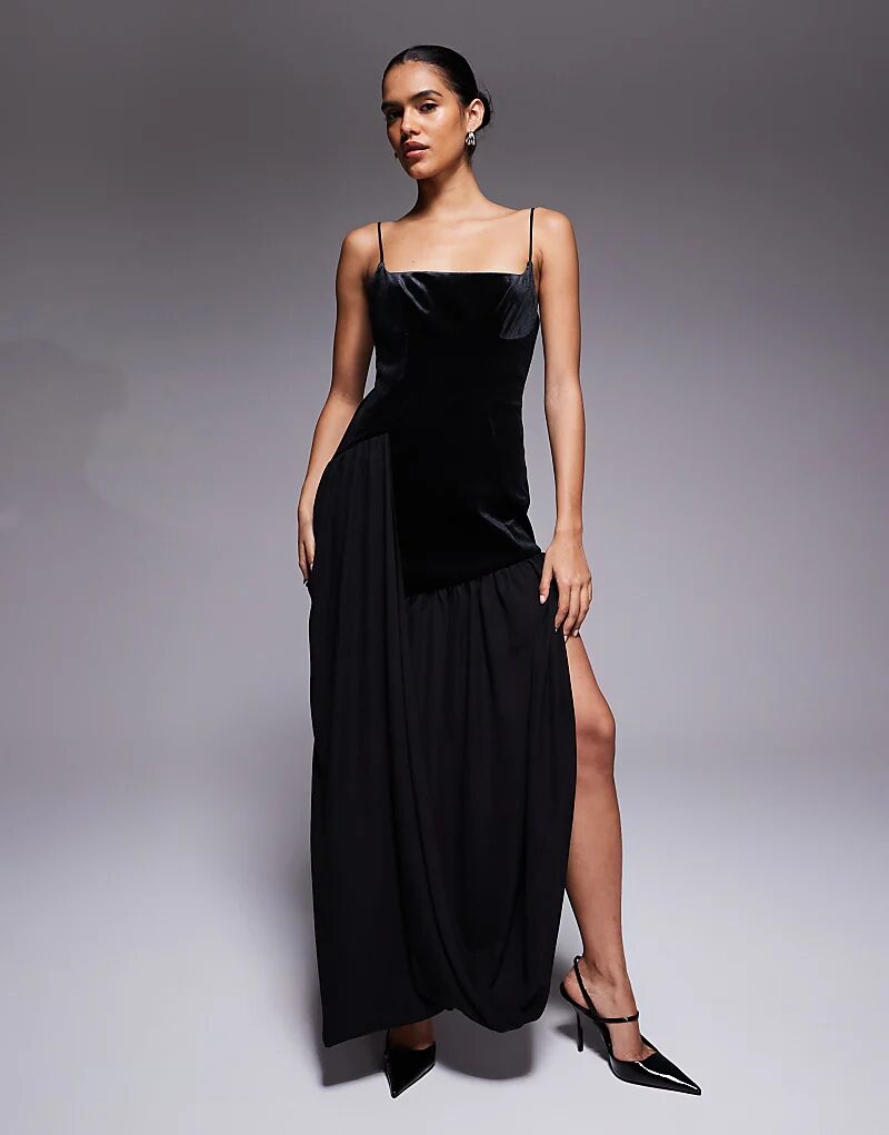 

Платье миди из бархата ASOS DESIGN с мягкой драпированной юбкой, черное