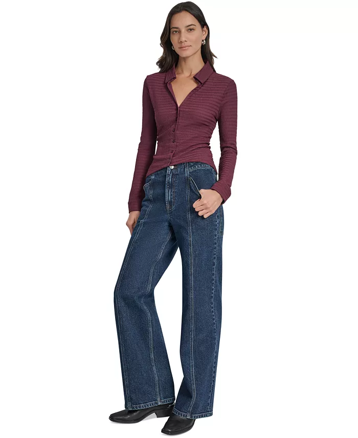 

Женский текстурированный топ с воротником и пуговицами спереди DKNY Jeans, красный