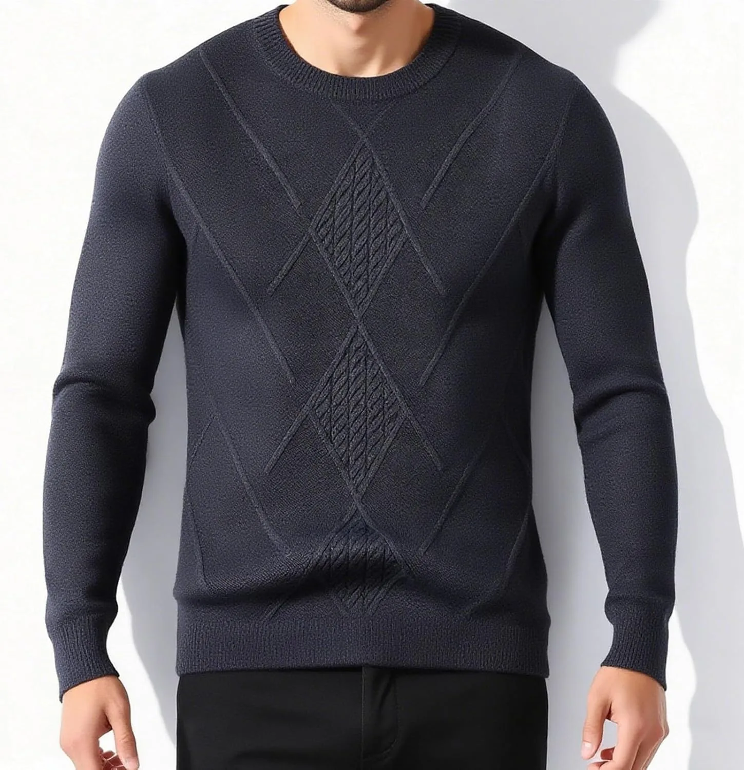 Мужской теплый флисовый свитер зимний тяжелый вес Crewneck Pullover Knit Slim Fit мягкий комфортный — фото 4