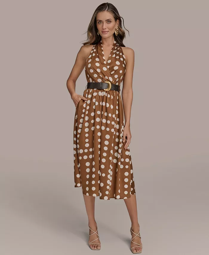 

Женское платье миди А-силуэта с поясом в горошек, 0P-16 Donna Karan New York, красный