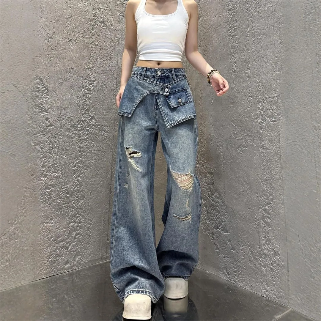 Женские джинсы прямые широкие повседневные Fake Two-Piece Denim для ежедневной носки Generic, 9037 — фото 2