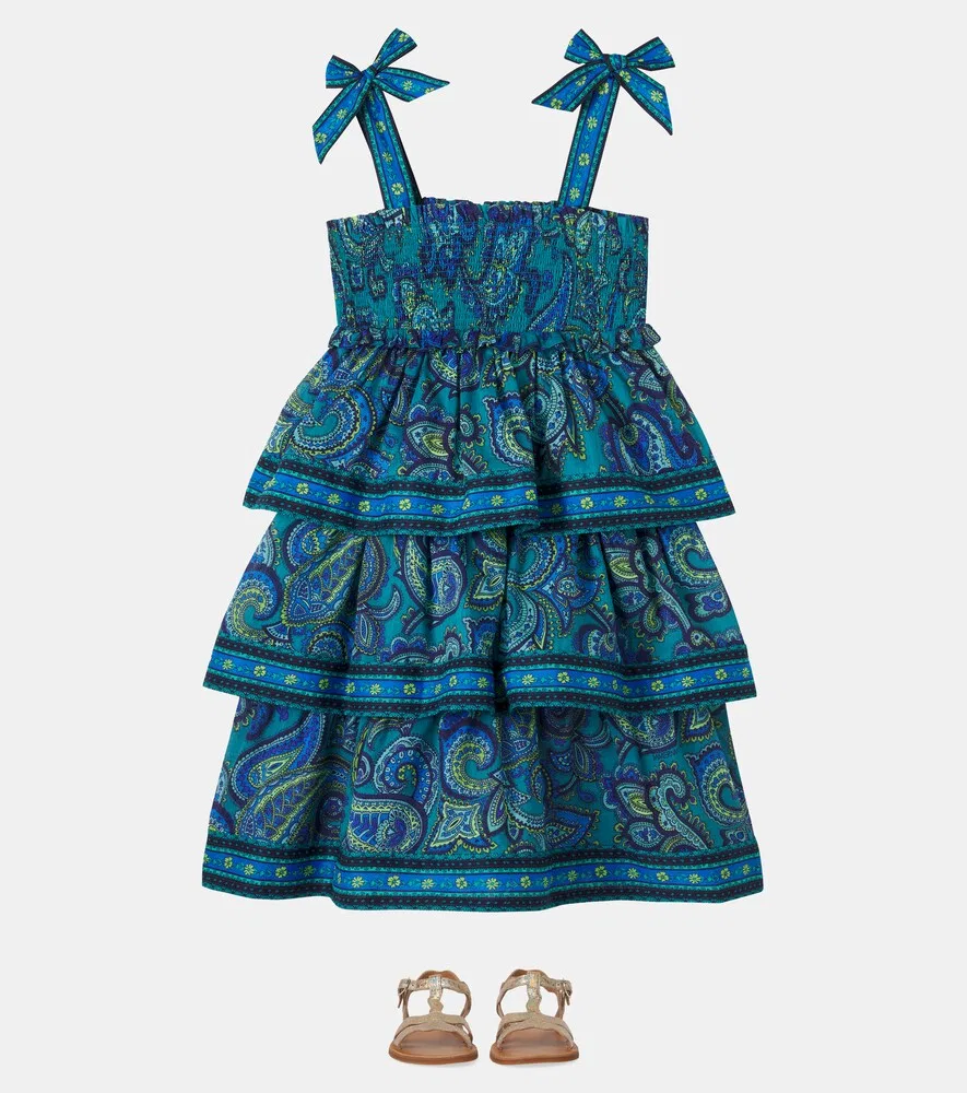 Хлопковое платье с присборенным узором «пейсли» Zimmermann Kids, синий — фото 2