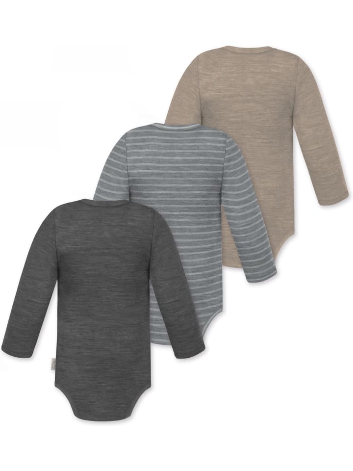 Normani Outdoor Sports Комплект из 3 детских боди с длинными рукавами из мериносовой шерсти "Туай" в бежево-серо-антрацитовом цвете — фото 2