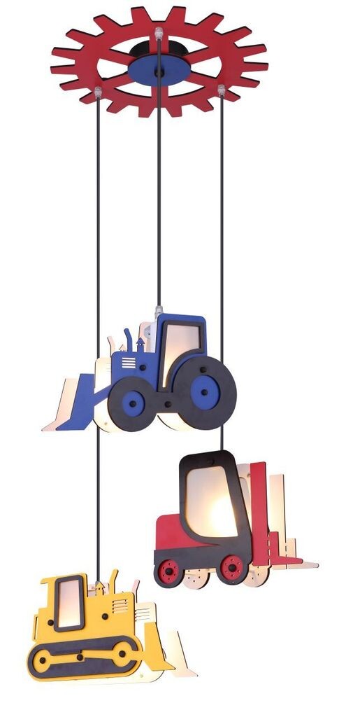 

Подвесной светильник Globo Lighting МДФ темный, синий, красный, желтый, высота может быть уменьшена, 3 подвеса, 1 экскаватор, вилочный погрузчик, гусеничный толкатель, ø: 550 мм, В: 1200 мм, без 3x E14 ILLU 40 Вт, 230 В., белый