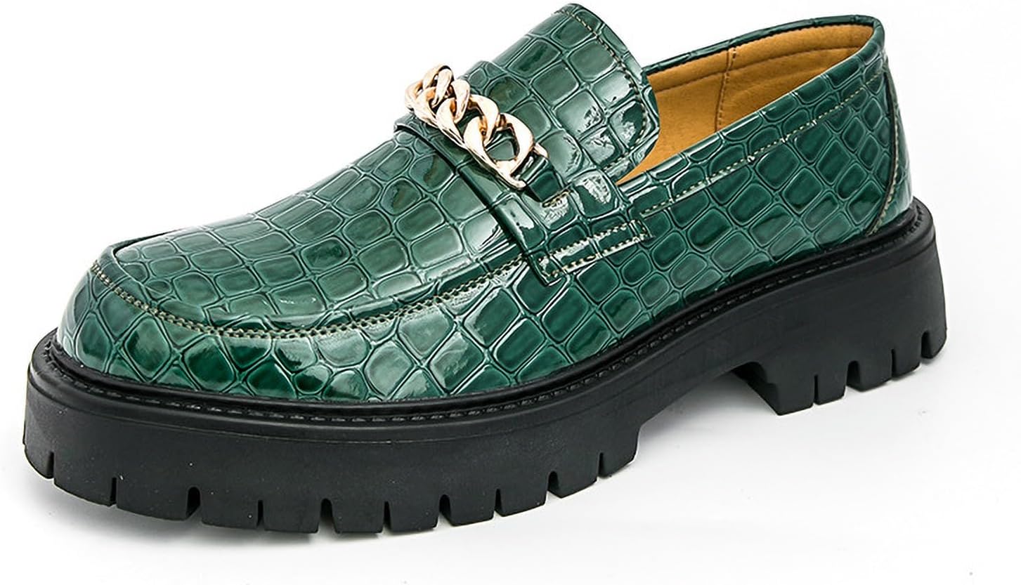 

Мужские лоферы на платформе с отделкой из лакированной кожи, с принтом, удобные, с нескользящей подошвой, без шнурков, деловые повседневные туфли с металлической деталью для вечеринки, свадьбы или работы Azagneem, зеленый