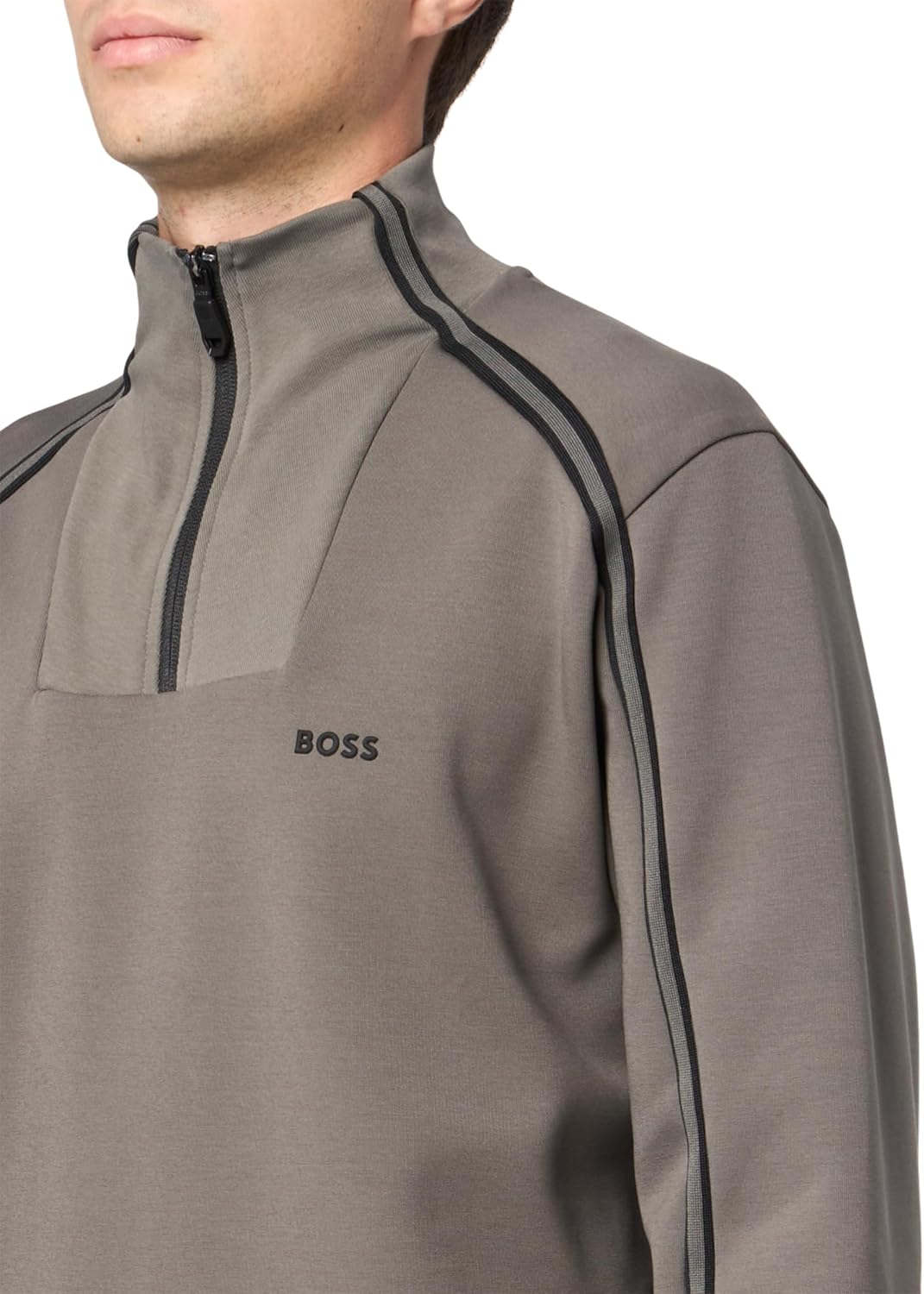 BOSS мужской свитшот с небольшим логотипом, хлопковый, с молнией на четверть, Moonrock Grey — фото 3
