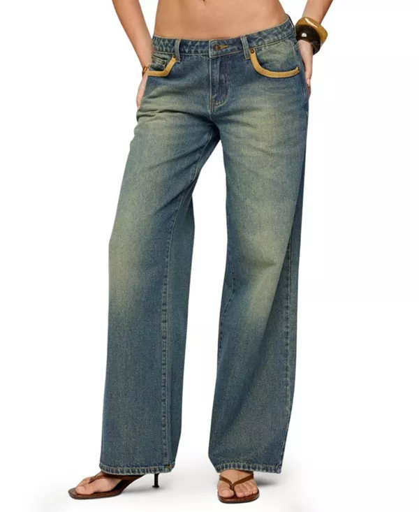 

Джинсы с низкой посадкой и завышенной талией из искусственной замши, синего цвета. Edikted, синий