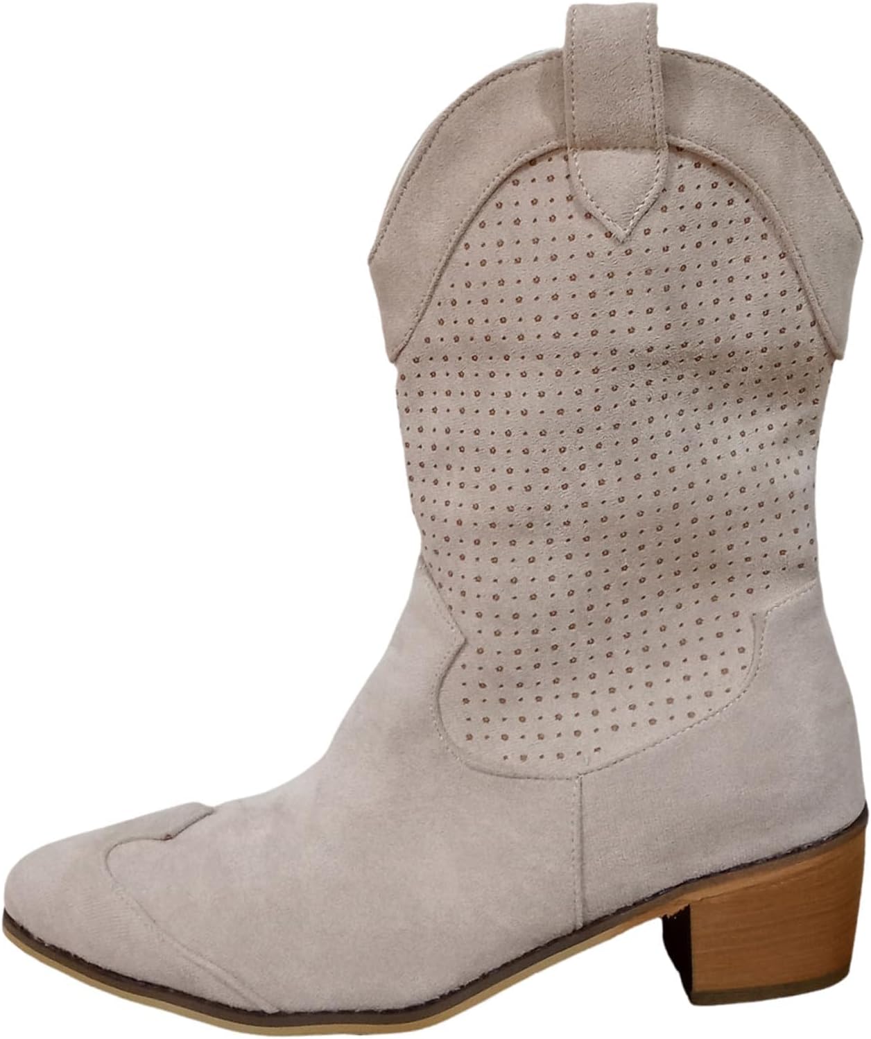 

Женские замшевые ковбойские ботинки с заостренным носком, невысоким каблуком, высокие западные ботинки до середины голени с массивным каблуком, ботильоны, ретро дизайн с вырезами Baxtayel, бежевый