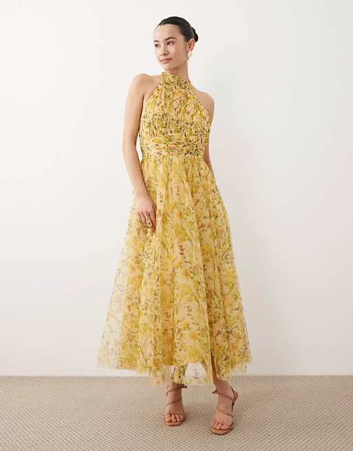 

Желтое платье миди с высоким воротником из тюля Lace & Beads Petite