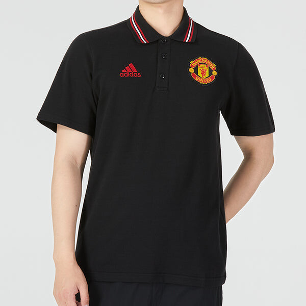 Футболка Men's adidas Manchester United Logo Embroidered Stripe Collar Short Sleeve Black Polo Shirt, мультиколор — фото 2