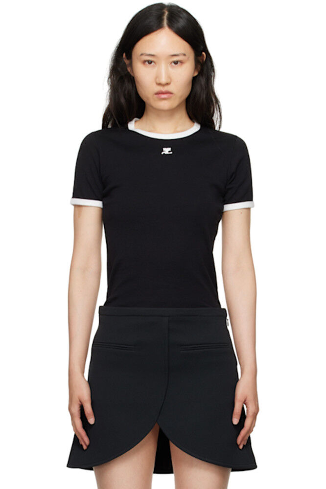 

Черная фирменная контрастная футболка Courrèges