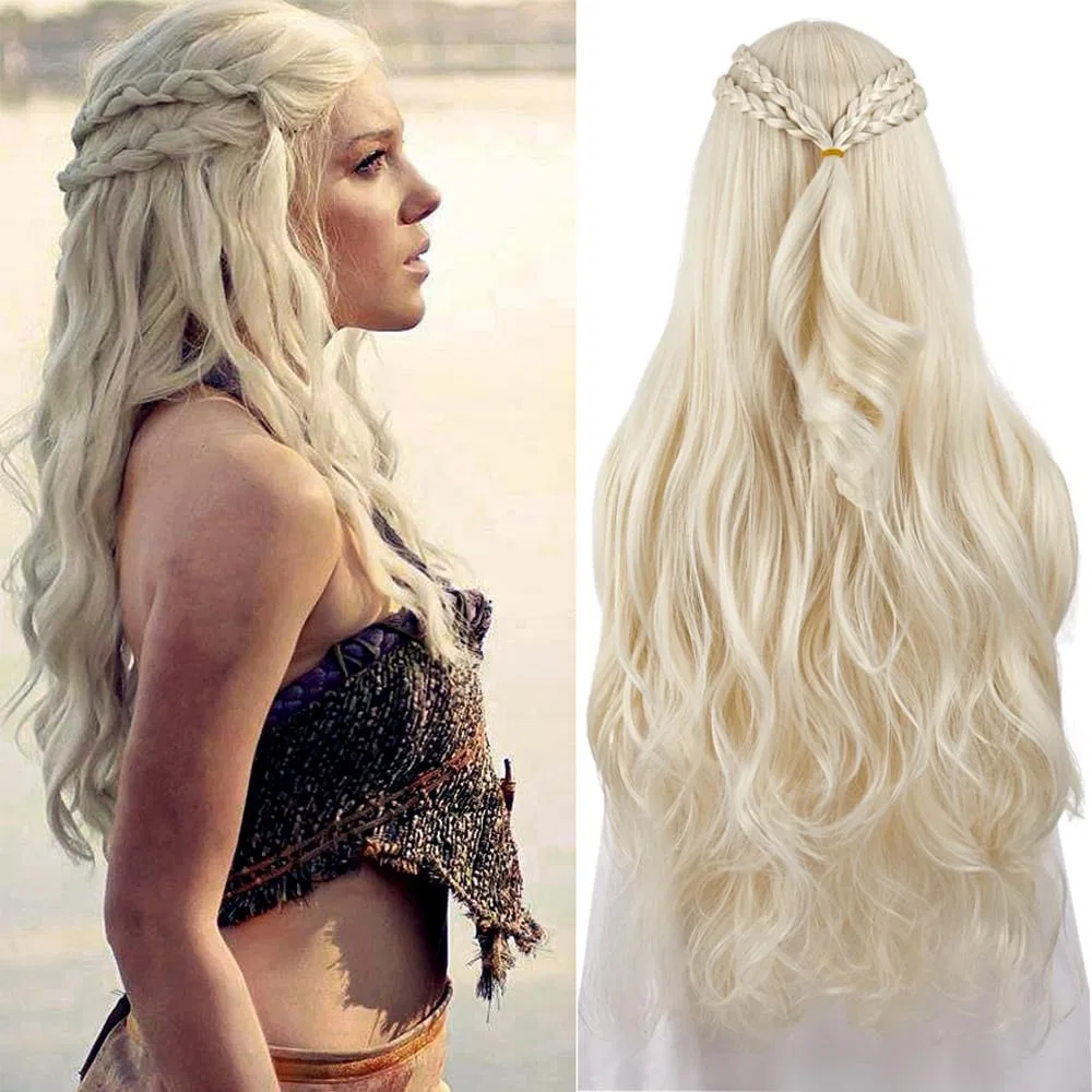 Парик для косплея PORSMEER Dragon Queen длинный волнистый с косами, светло-русый Porsmeer, Light Blonde