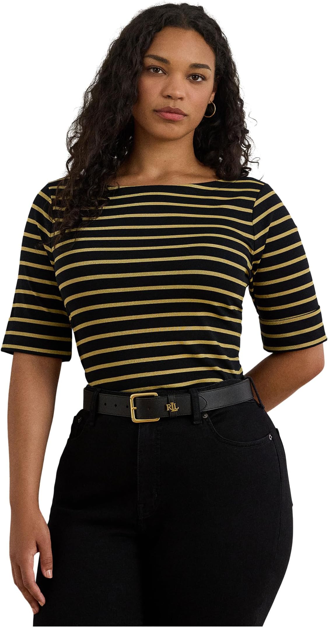 

Женская футболка больших размеров в металлическую полоску с вырезом-лодочкой Lauren Ralph Lauren, Black/Gold Metallic