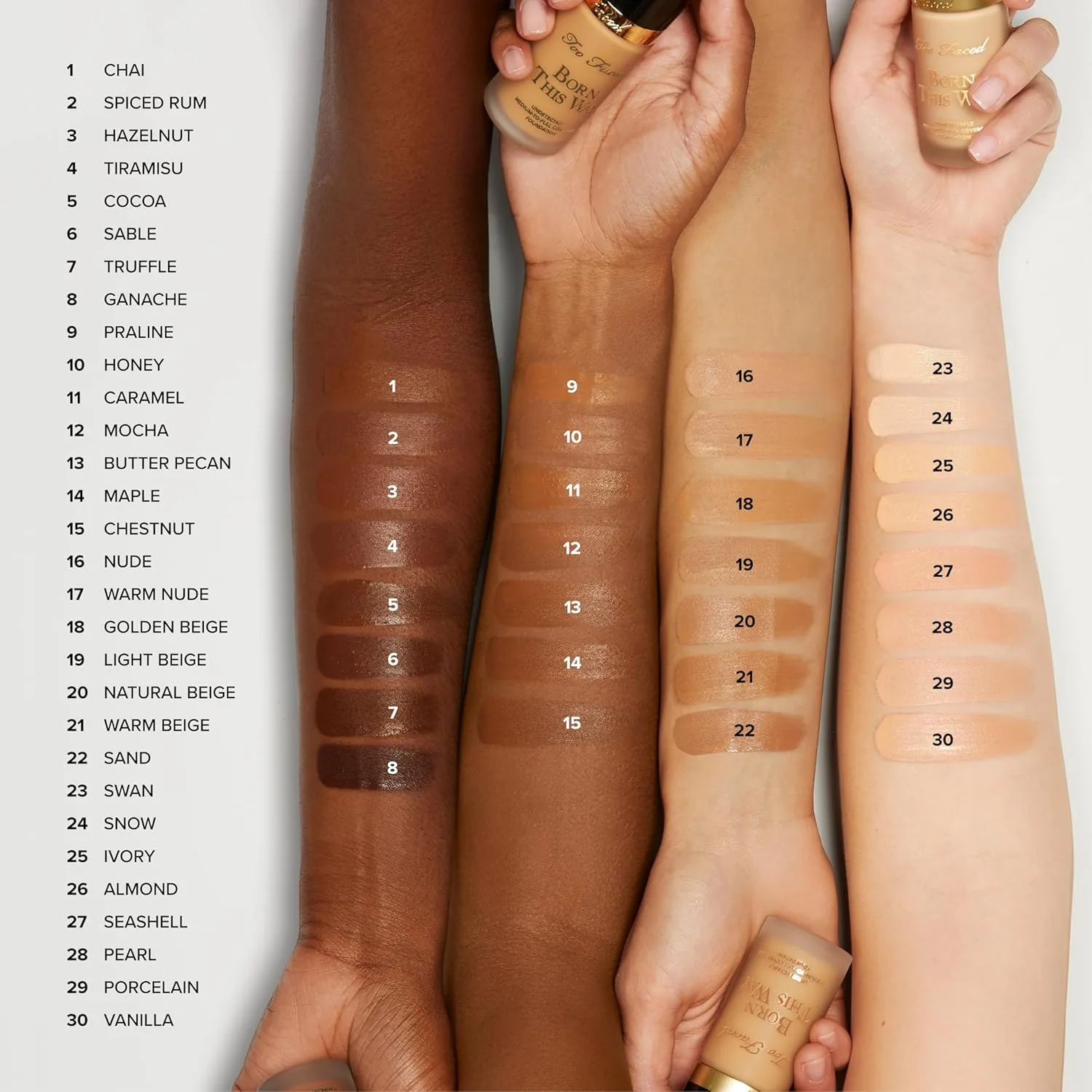 Тональный крем Too Faced Born This Way Natural Finish Longwear Liquid Foundation | Среднее и плотное покрытие | Увлажняющий + без масел, 16 Praline (Medium Tan with Golden Undertones) — фото 2