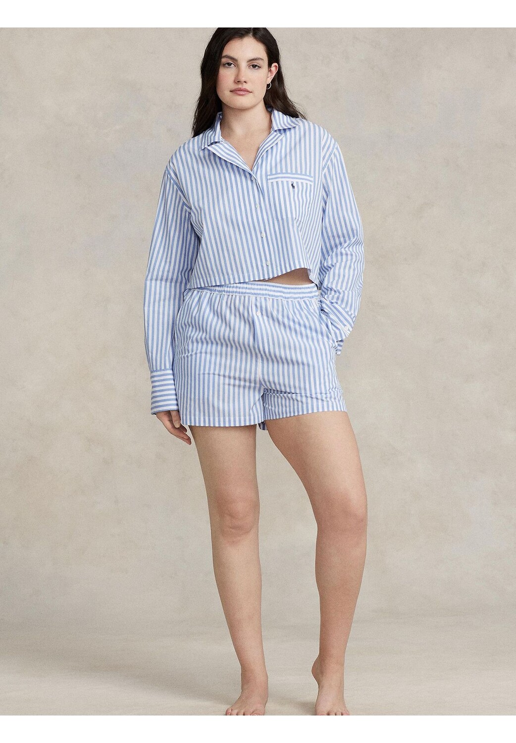 Женские полосатые пижамы из поплина в полоску POLO RALPH LAUREN, цвет 930 Light Blue — фото 3