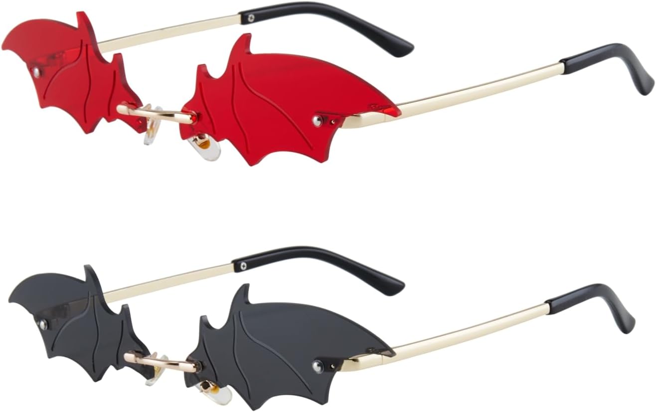 

Комплект из 2 солнцезащитных очков в форме летучей мыши, без оправы, для женщин и мужчин, для вечеринок, карнавалов, выпускных, Хэллоуина (Летучая мышь, красный + черный) swanoble, Red + Black