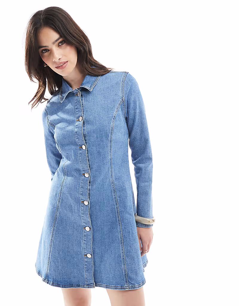 

Мини-платье Miss Selfridge из эластичного джинсового полотна с декоративными швами, расклешенное, с длинными рукавами