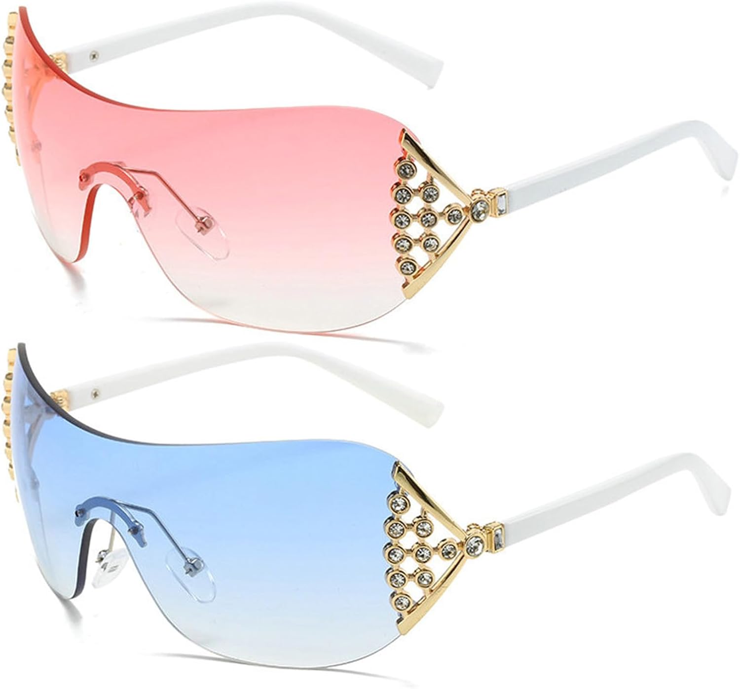 

Солнцезащитные очки Willochra One Piece с квадратными линзами и стразами, женские, без оправы, с прозрачными линзами Ocean Gradient, модные солнцезащитные очки в стиле Y2K, 2pcs-blue&pink