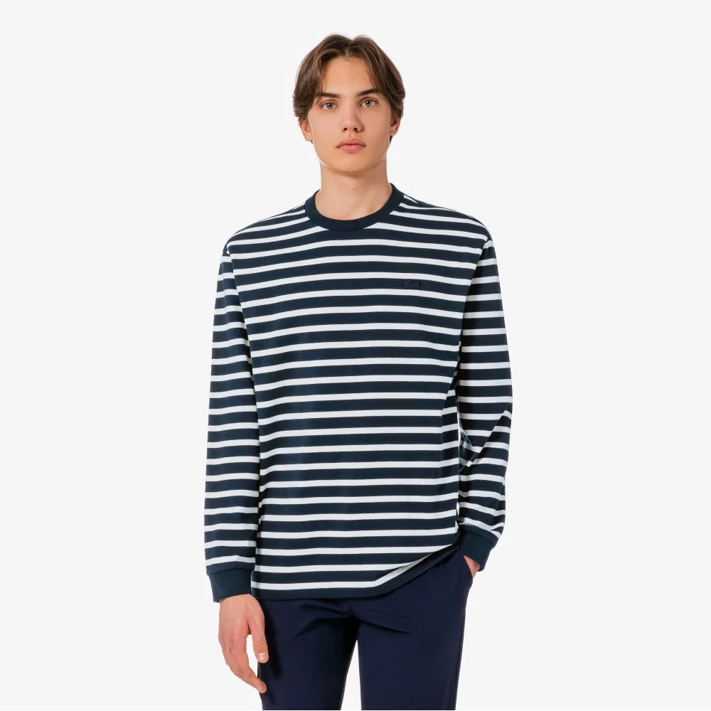 Мужская полосатая футболка с длинным рукавом тёмно-синяя от Lacoste — фото 4