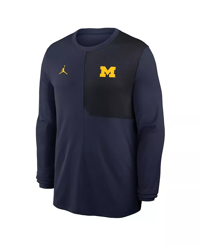 Мужская синяя футболка Michigan Wolverines 2025 Sideline Coach UV Performance с длинным рукавом Jordan — фото 2