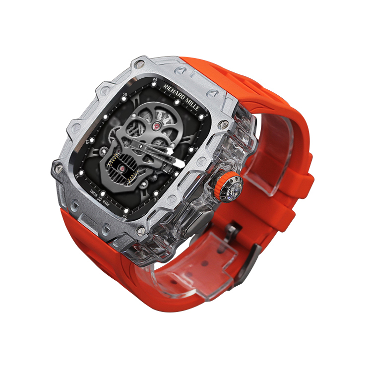 

Akkerds Часы Apple Alloy Case Material Ultra2/1 Generation, Silver case, transparent middle frame, orange fluoroelastomer single-hand buckle strap