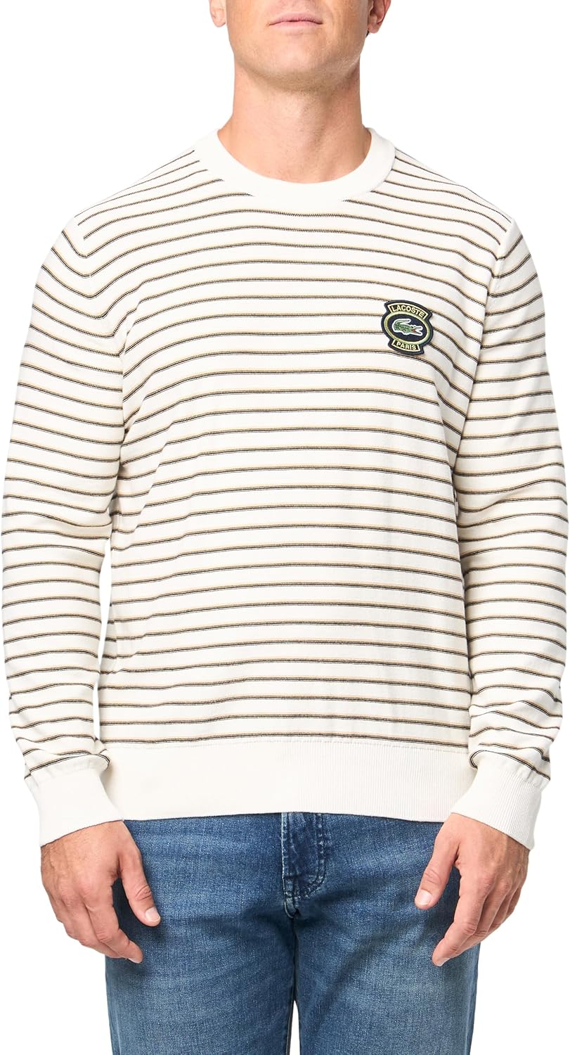 

Lacoste мужской классический свитер с длинным рукавом в полоску, Flour/Croissant-Black-Sin
