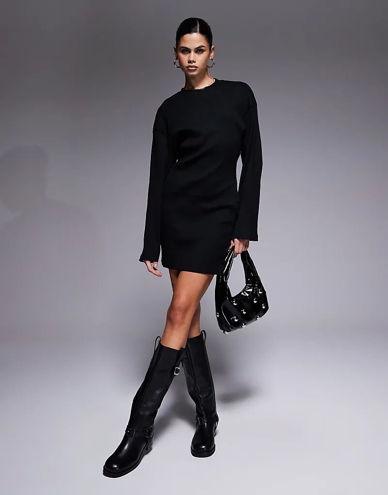 

Мини-платье ASOS DESIGN с широким рубчиком и круглым вырезом, отделкой на пуговицах, черного цвета