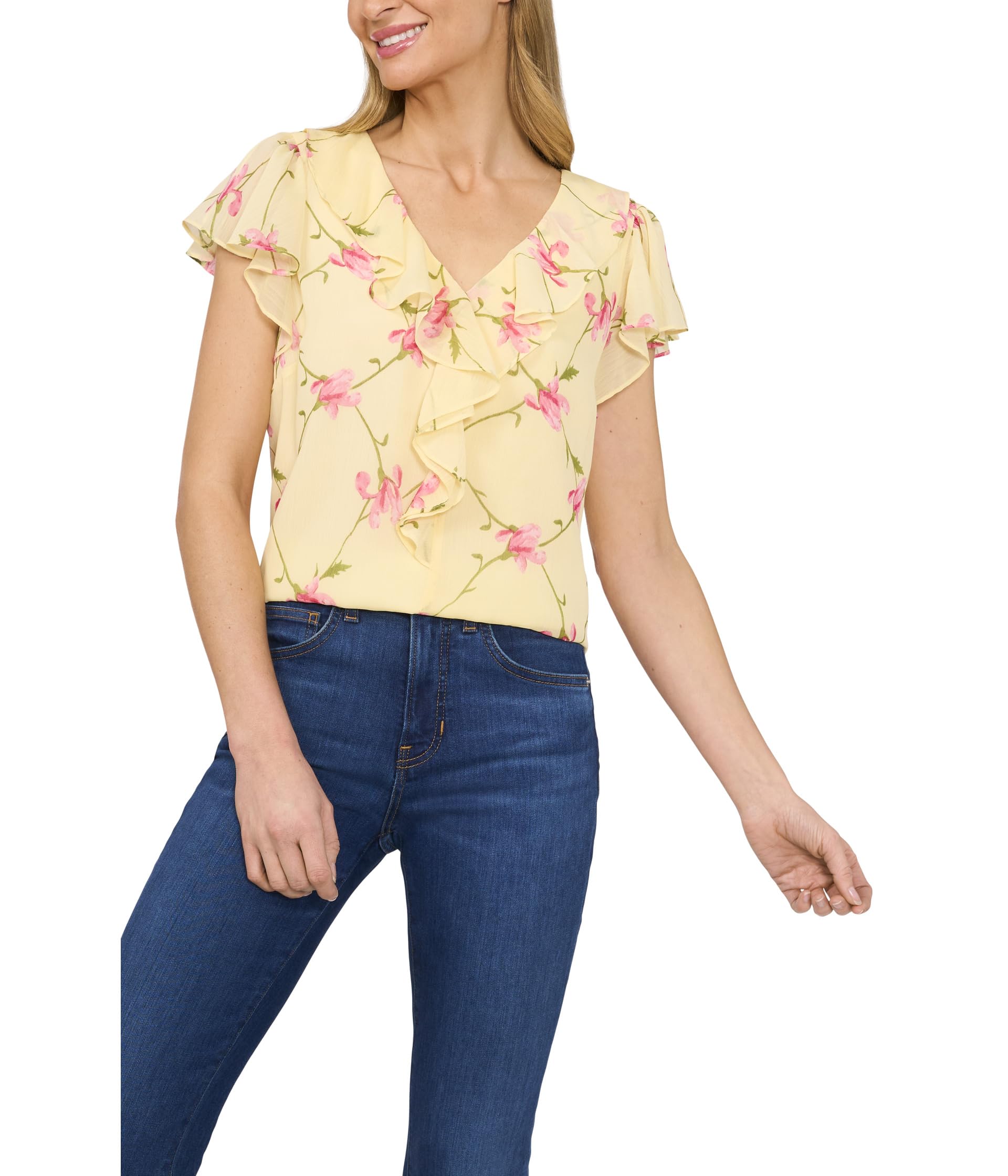 

Топ CeCe Ruffle V-Neck Flutter Sleeves Flowy Top, Lemon Drop