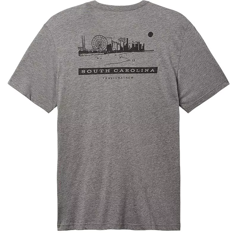 

Мужская футболка для гольфа TravisMathew Coast Cruise SC State с графическим рисунком, цвет Heather Medium Grey