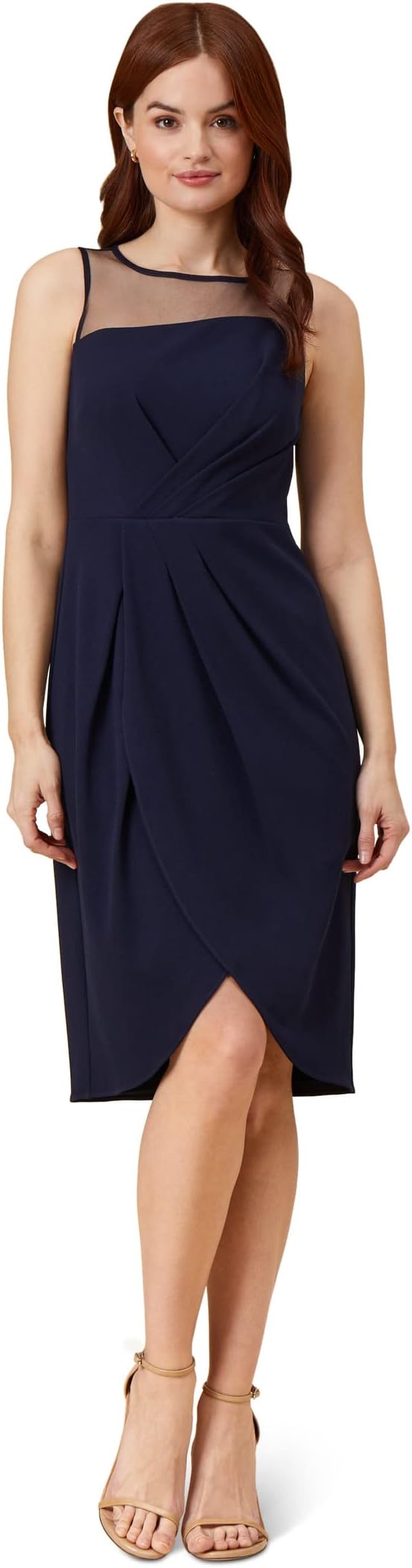 

Платье Adrianna Papell Stretch Crepe Draped Cocktail Dress with Illusion Neckline, цвет Midnight