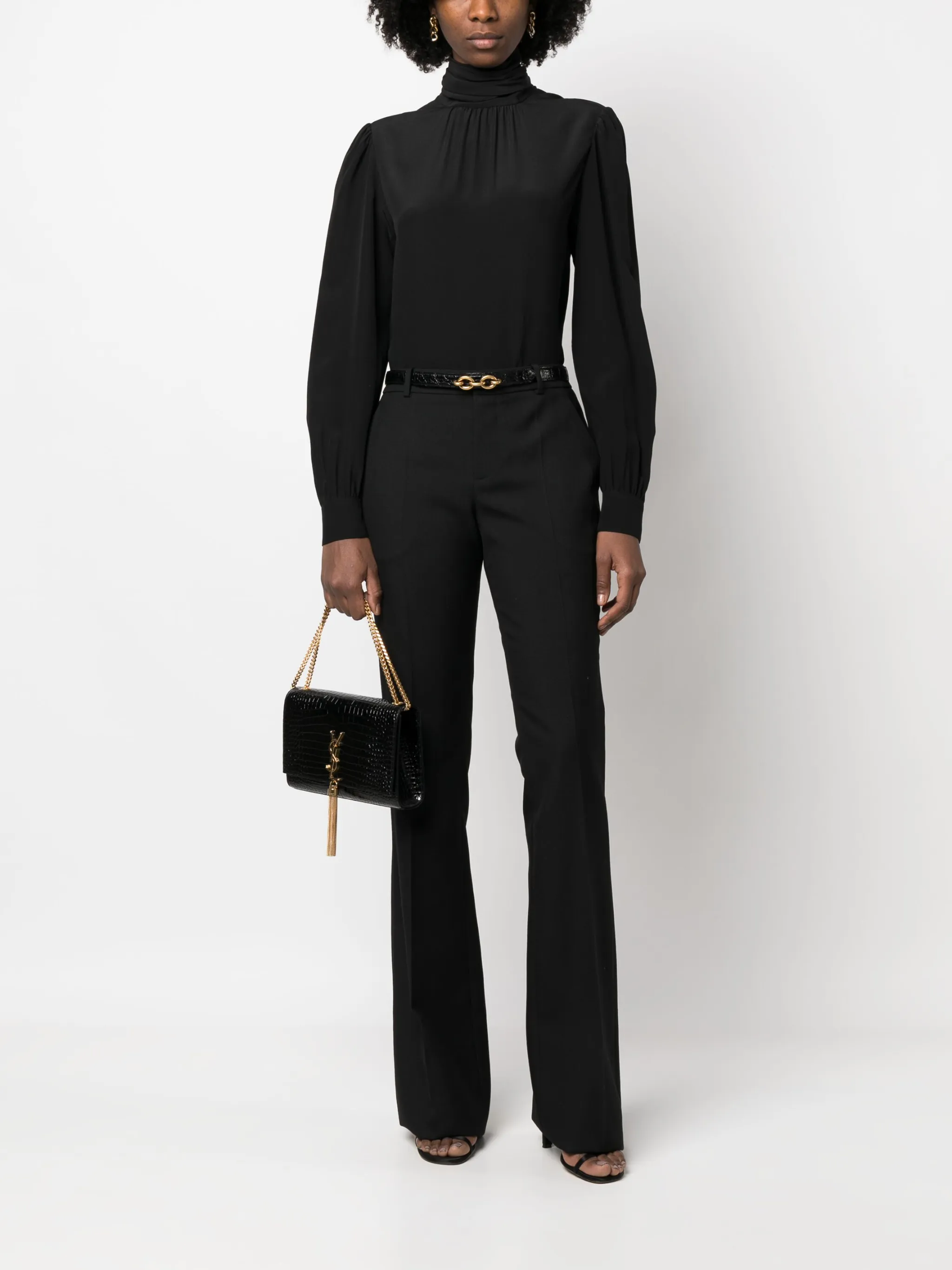 Расклешенные шерстяные брюки строгого кроя Saint Laurent, черный — фото 2