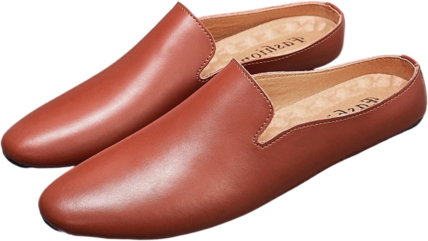 

Мужские кожаные шлепанцы с открытой пяткой, винтажный круглый носок, мягкая подошва, противоскользящие, без шнурков, формальные домашние тапочки, обувь для работы, вождения и прогулок Nelsbrex, коричневый