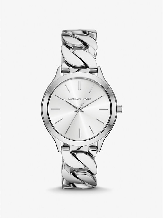 

Тонкие часы с серебристым ремешком-цепочкой для подиума Michael Kors, серебряный
