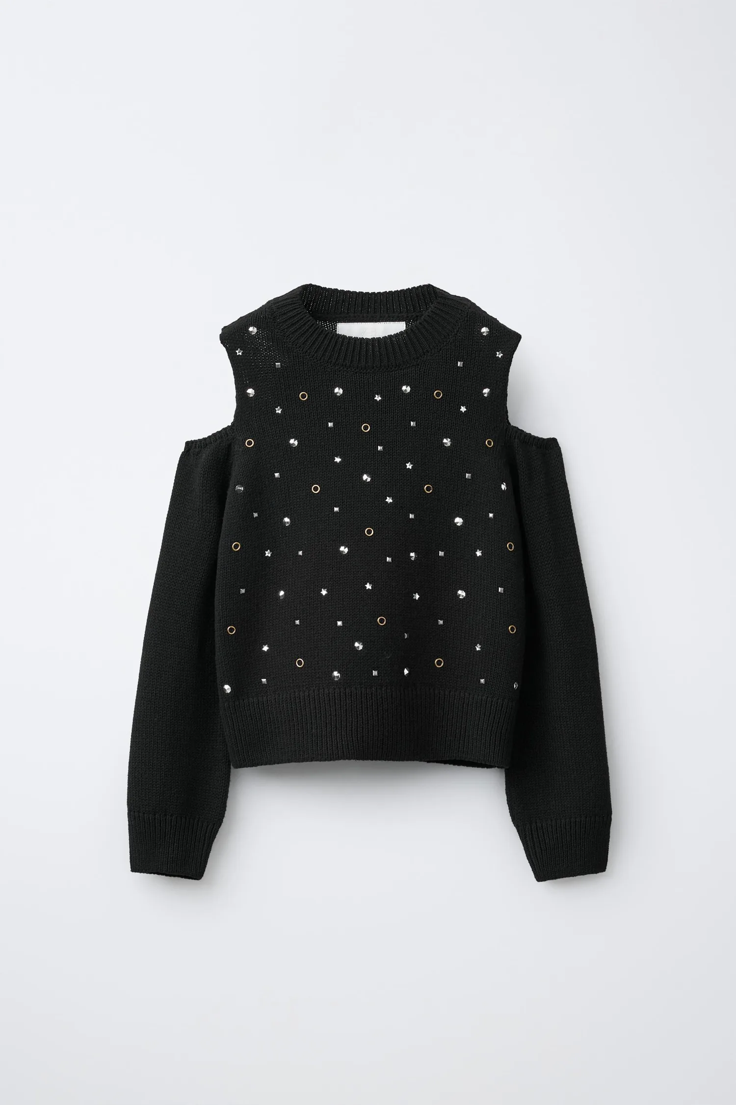 Вязаный джемпер с вырезами и стразами Zara, черный