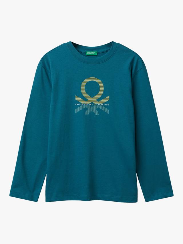 

Детская хлопковая футболка с длинным рукавом и принтом логотипа Benetton, Blue