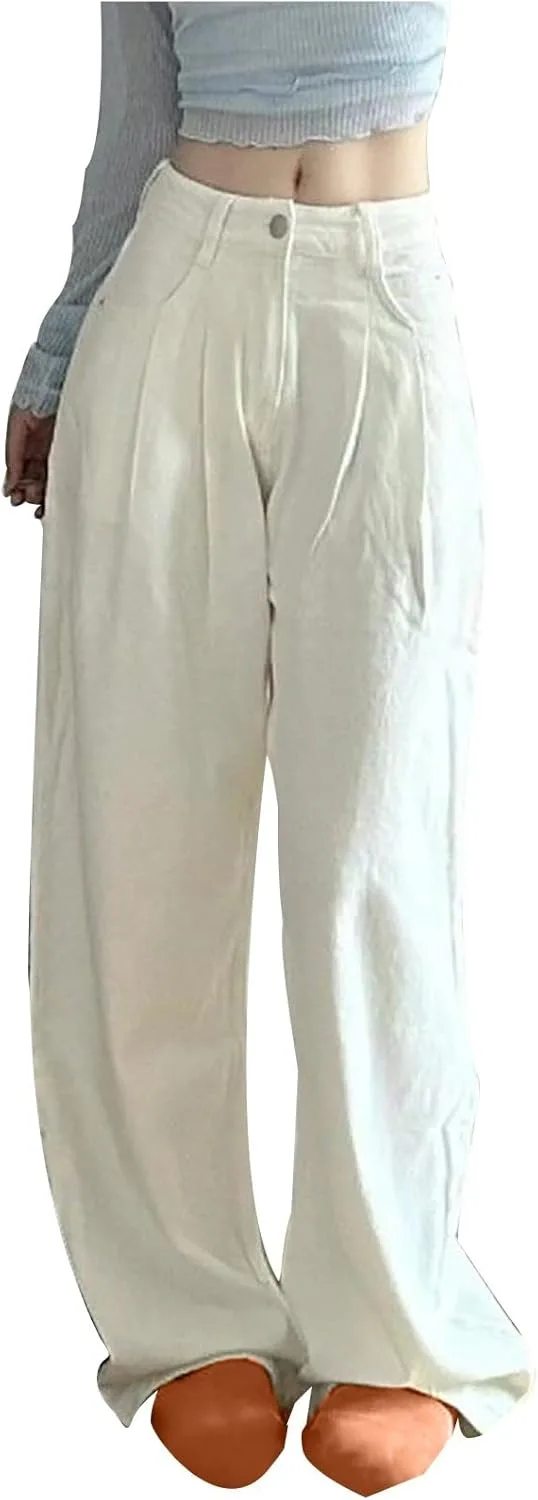 

Oplxuo джинсы wide leg для женщин, высокие, мешковатые, плиссированные