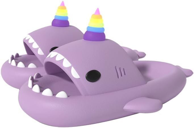 

Тапочки Zureto Unicorn Shark с подсветкой, забавные тапочки-единорог и акула для женщин, летние, с толстой подошвой, материал EVA, для пар, фиолетовый