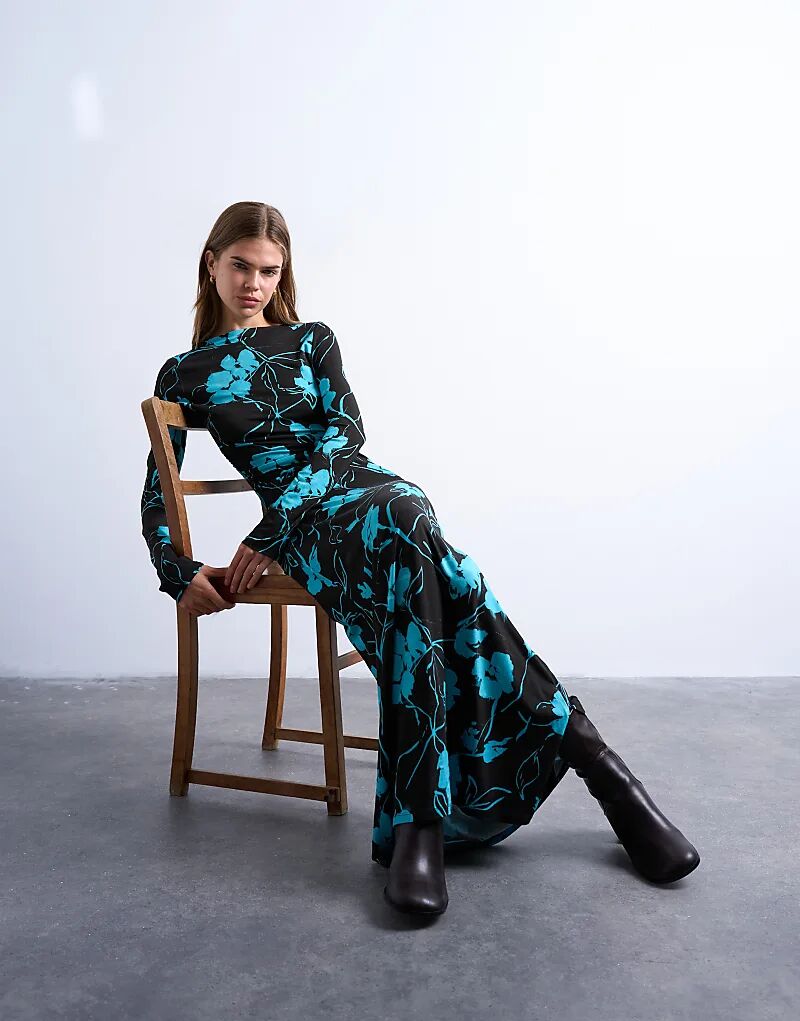 

Платье макси Topshop с цветочным принтом, вырезом-лодочкой и длинными рукавами шоколадного цвета