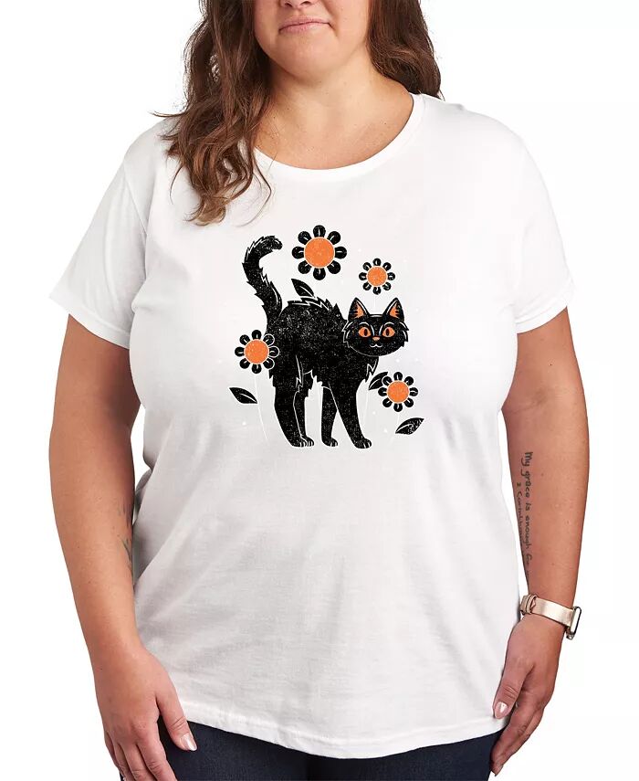 

Футболка размера плюс с принтом Black Cat Halloween Hybrid Apparel, белый