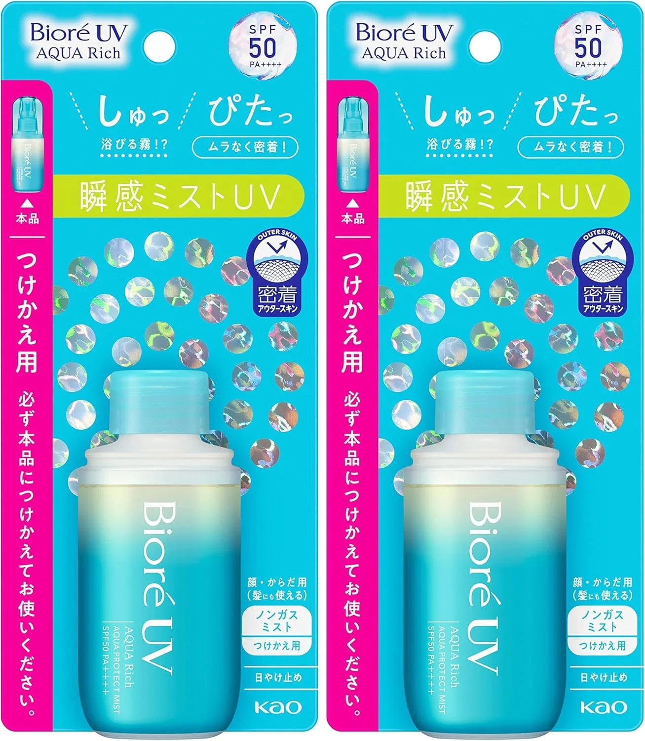 Солнцезащитный спрей Biore UV Aquarich 50 SPF Aqua Protect Mist, прозрачный, 60 мл, 2 шт