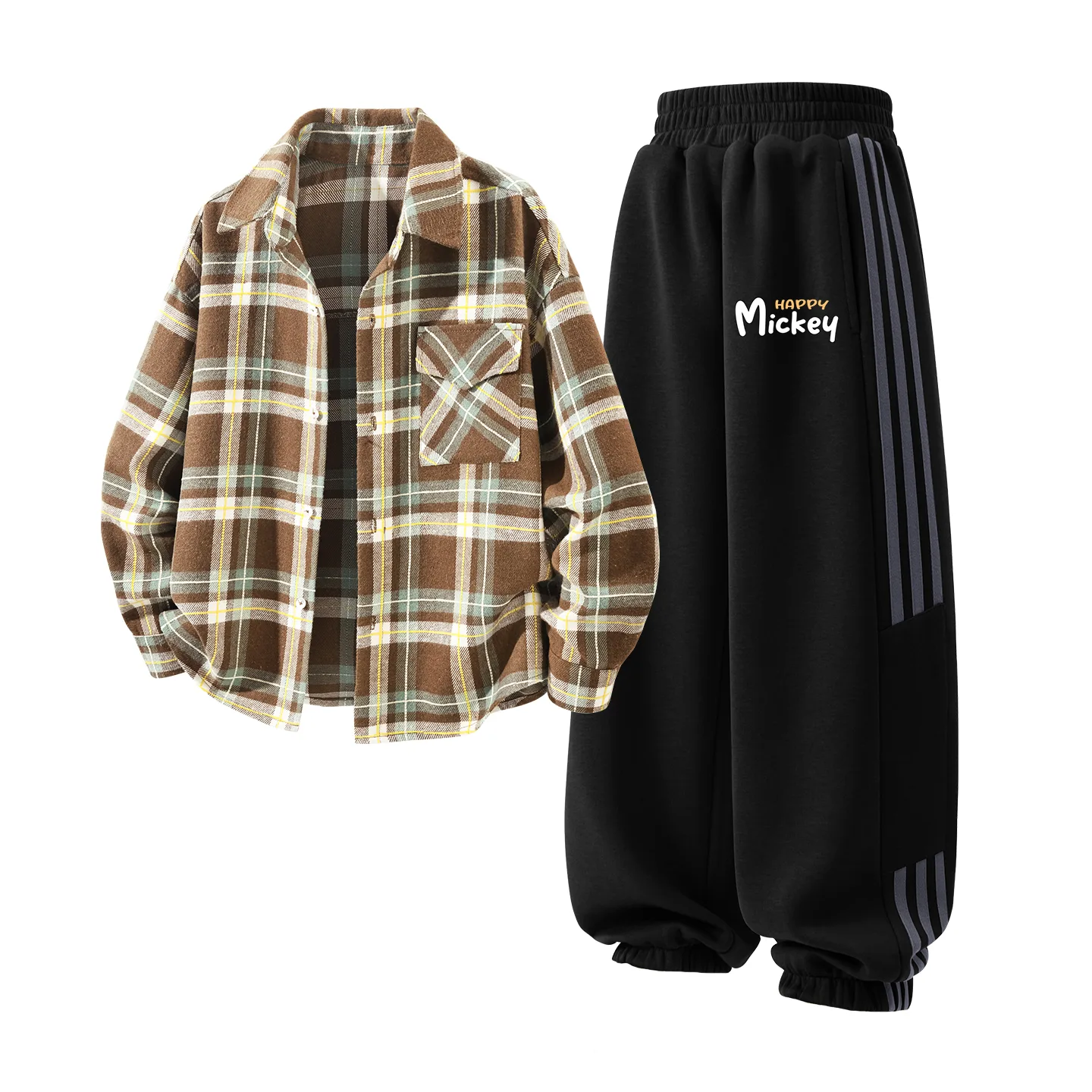 Детская повседневная спортивная одежда с лацканом Disney, Solid Rum Brown Plaid+Diquqi K Heather Gray — фото 3