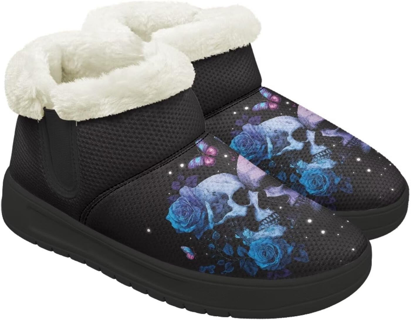 

Зимние ботинки Forchrinse для женщин и мужчин, с меховой подкладкой, для ходьбы на улице, короткие, с теплой подошвой и противоскользящей стелькой, Skull Flower Print