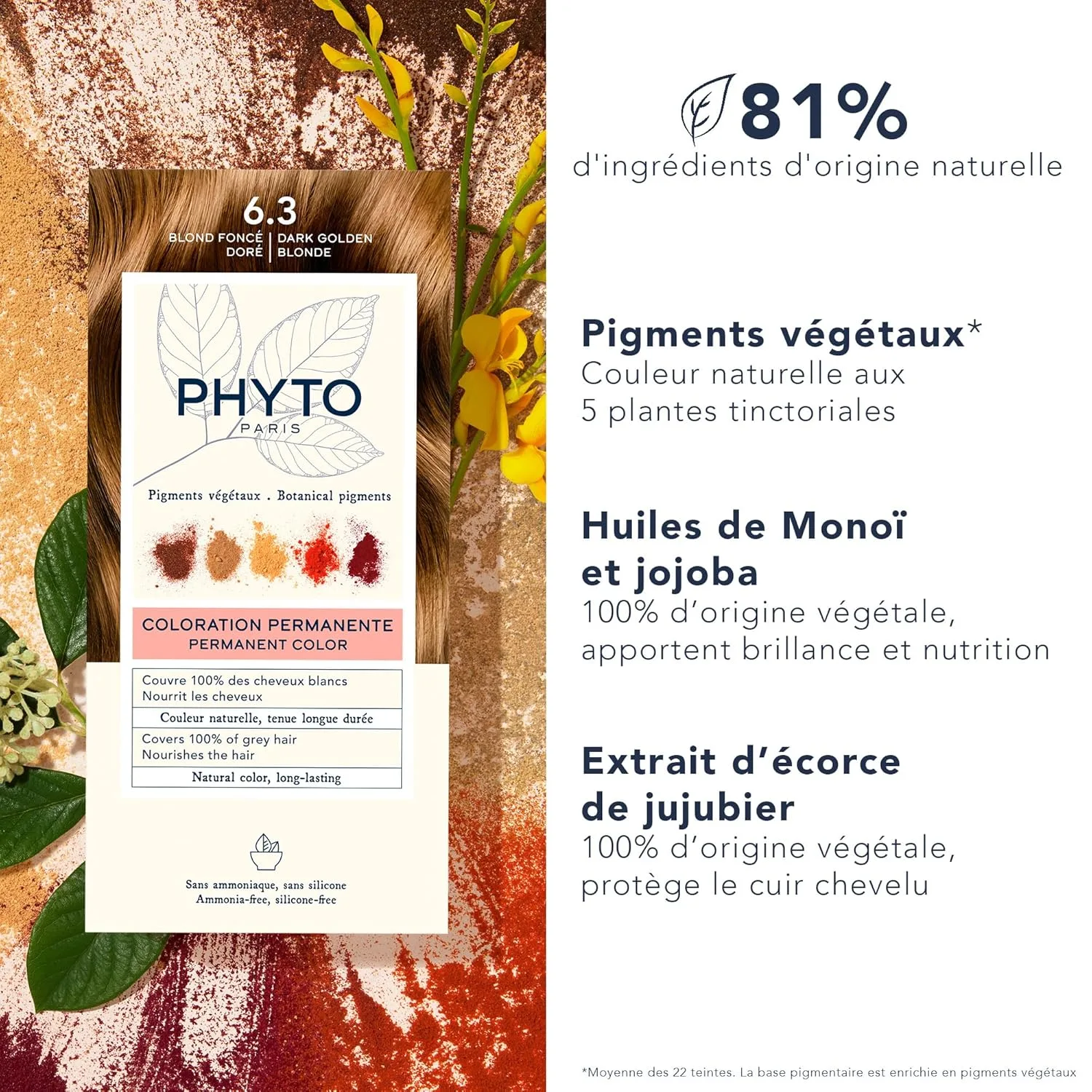 Стойкая краска для волос PHYTO Phytocolor с растительными пигментами, 100% закрашивание седых волос, без аммиака, без PPD, без резорцина, 0,42 унции. 11.91 г (1 шт.), 6.3 Dark Golden Blonde — фото 3