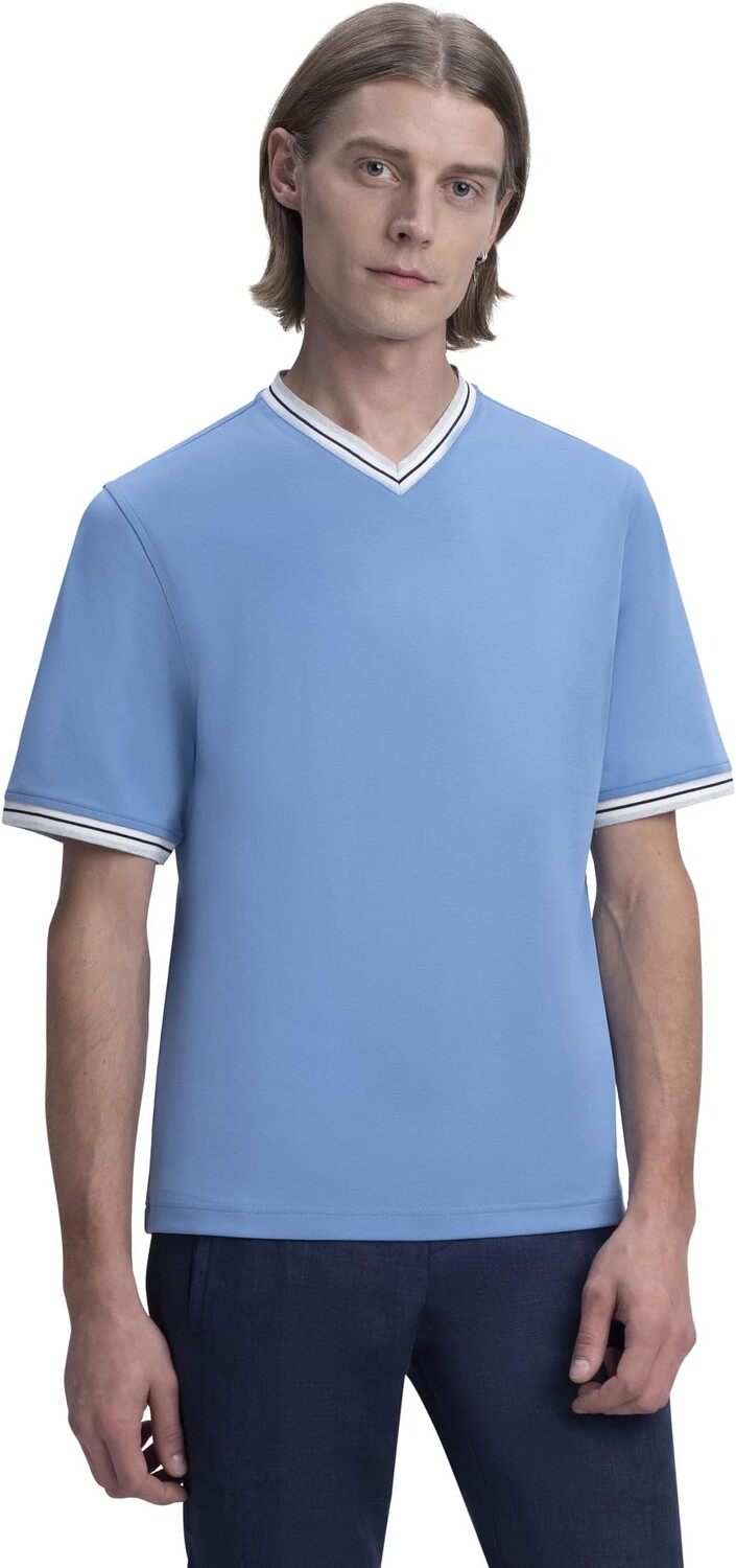 

Рубашка BUGATCHI Short Sleeve Pima Cotton V-Neck Shirt with Contrast Rib Detail, цвет Riviera