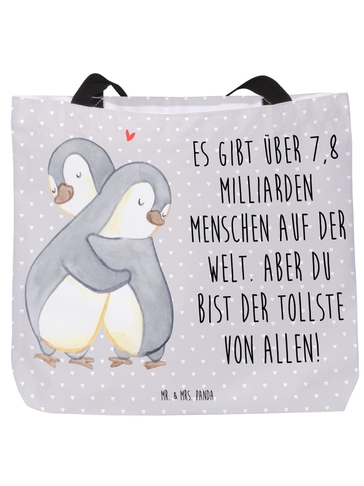 

Сумка-шоппер с изображением обнимающихся пингвинов и надписью, выполненная в серо-пастельных тонах Mr. & Mrs. Panda, пастельно-серый