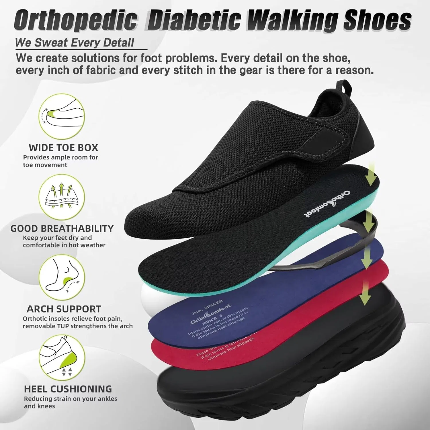 Мужские ортопедические повседневные туфли с поддержкой стопы, черные OrthoComfoot — фото 4